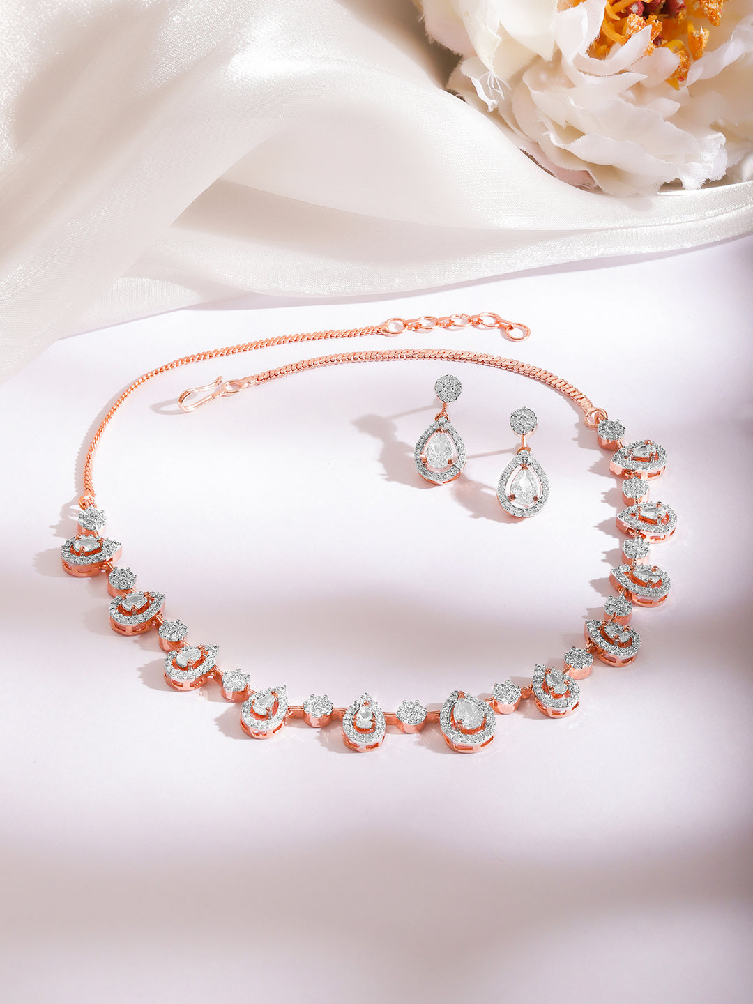 【Rubans】 Rose Gold Plated Cubic Zirconia Teardrop Choker Necklace Set｜ローズゴールドメッキ キュービックジルコニア ティアドロップ チョーカー ネックレスセット