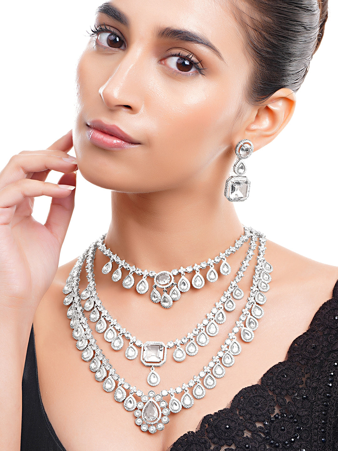 【Rubans】 Rhodium Plated American Diamond Zirconia Teardrop Layered Necklace Set｜ロジウムメッキ アメリカンダイヤモンド ジルコニア ティアドロップ レイヤード ネックレスセット