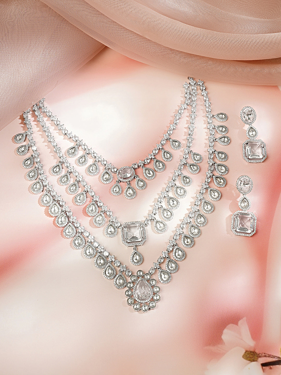 【Rubans】 Rhodium Plated American Diamond Zirconia Teardrop Layered Necklace Set｜ロジウムメッキ アメリカンダイヤモンド ジルコニア ティアドロップ レイヤード ネックレスセット