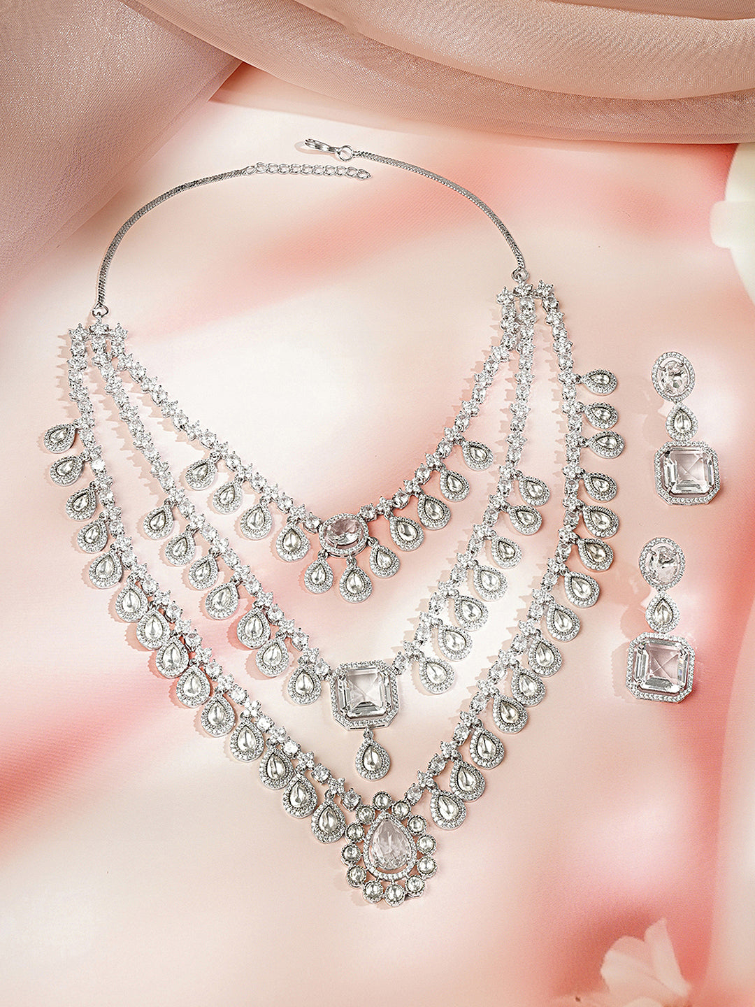 【Rubans】 Rhodium Plated American Diamond Zirconia Teardrop Layered Necklace Set｜ロジウムメッキ アメリカンダイヤモンド ジルコニア ティアドロップ レイヤード ネックレスセット