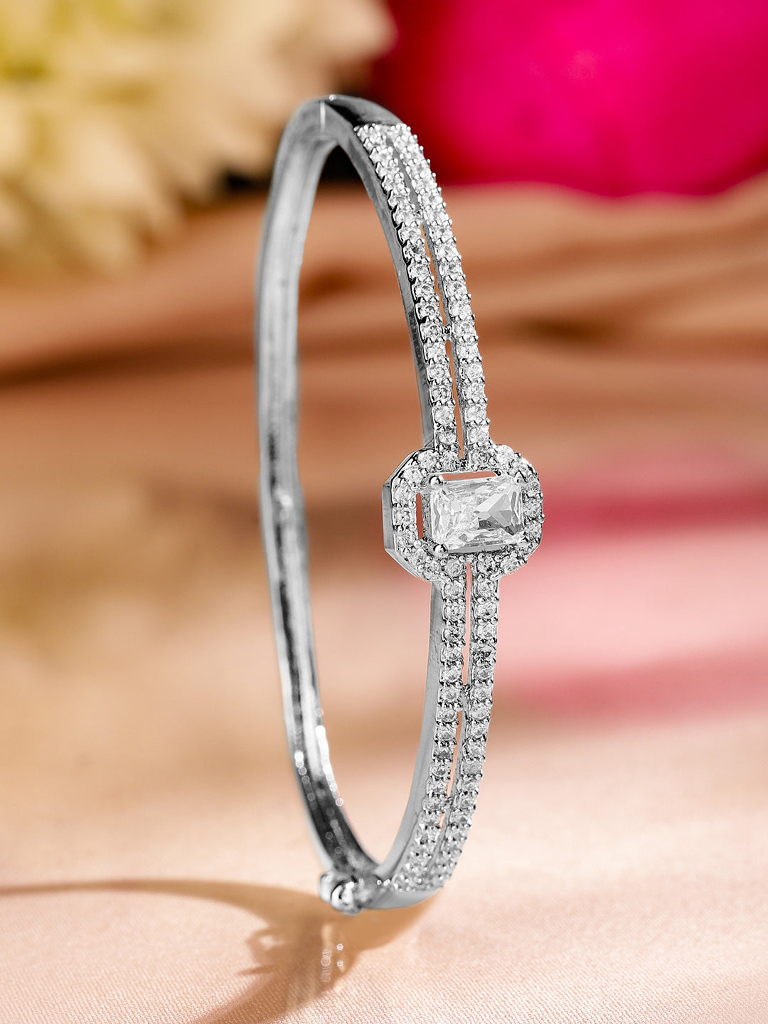 Rubans Rhodium-Plated Cubic Zirconia Dual Band Openable Bracelet â€“ Statement Jewelry Silver