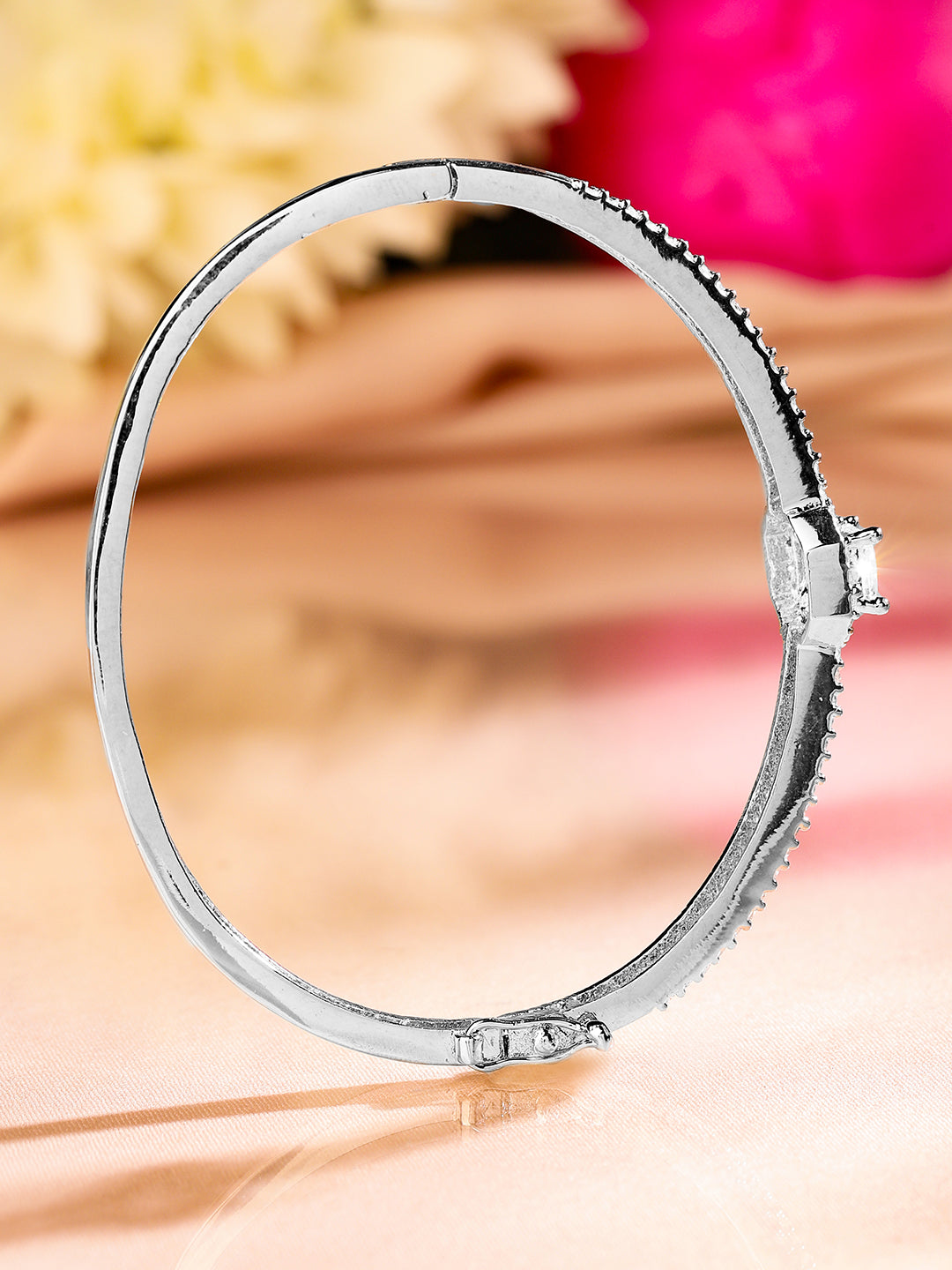 Rubans Rhodium-Plated Cubic Zirconia Dual Band Openable Bracelet â€“ Statement Jewelry Silver