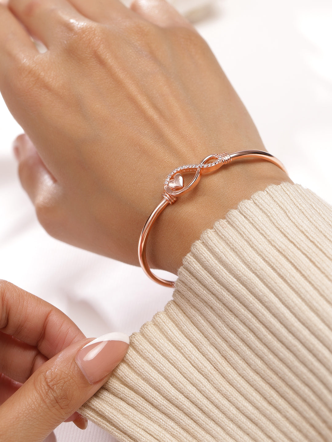 Rubans 18K Rose Gold-Plated Infinity & Heart Motif Crystal Zirconia Studded Sleek Bracelet Rose gold