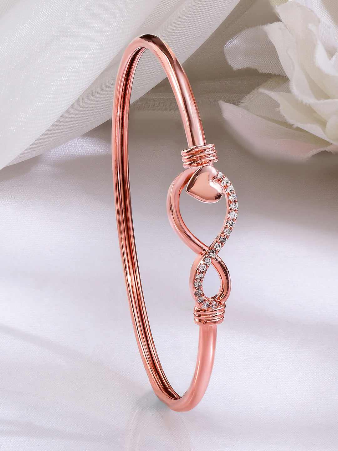 Rubans 18K Rose Gold-Plated Infinity & Heart Motif Crystal Zirconia Studded Sleek Bracelet Rose gold