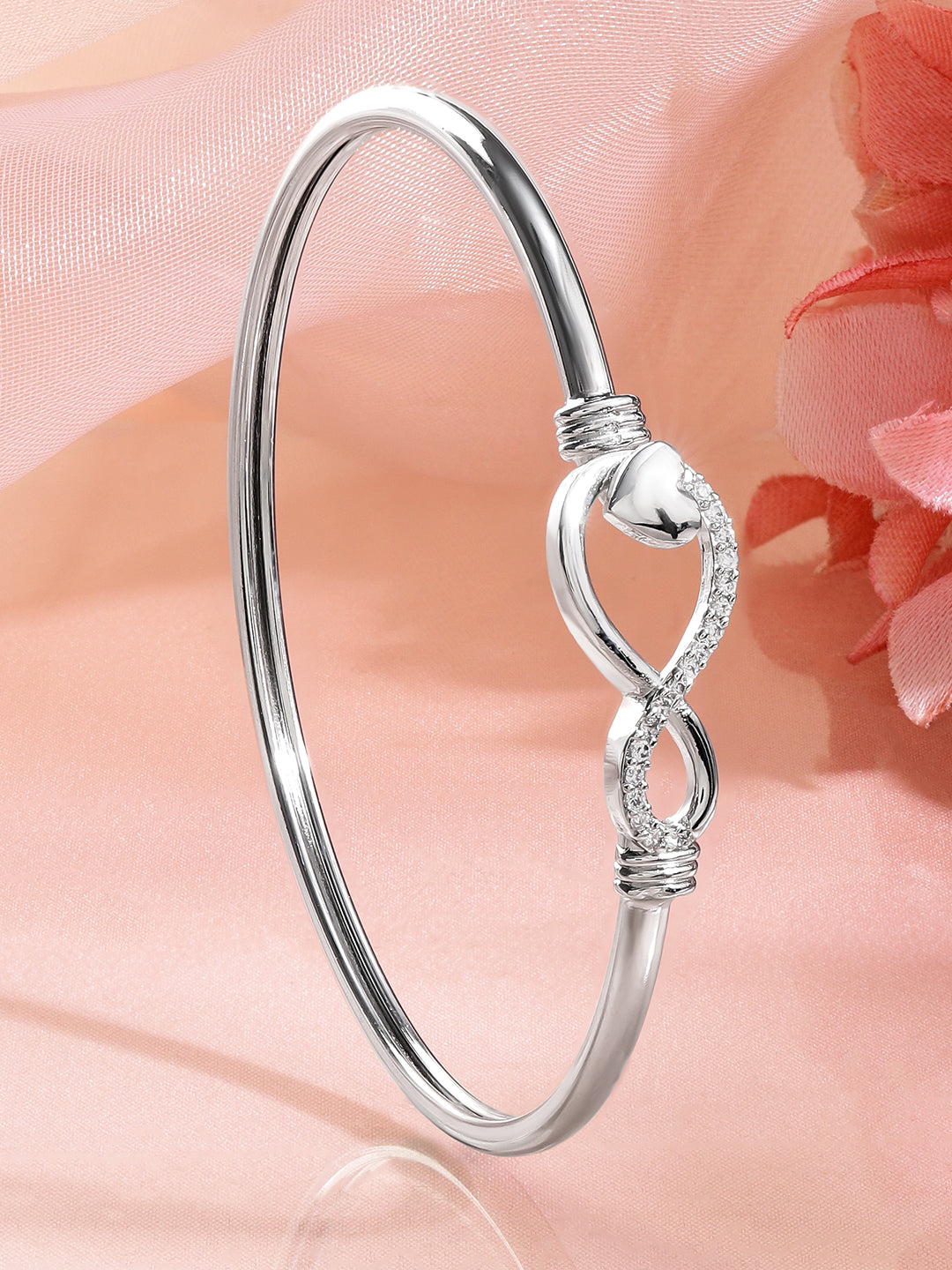 Rubans Rhodium-Plated Infinity & Heart Motif Crystal Zirconia Studded Sleek Bracelet Silver