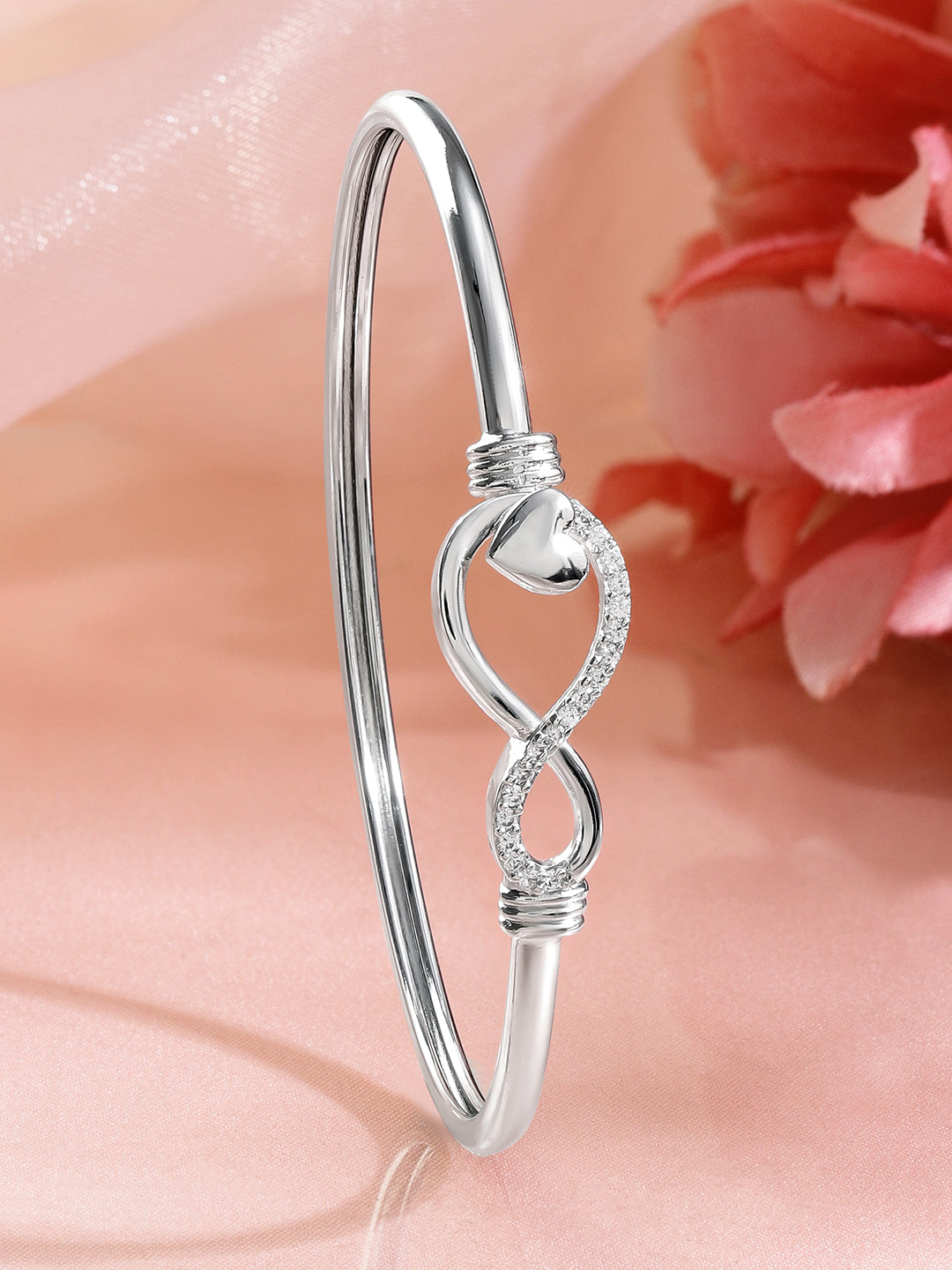 Rubans Rhodium-Plated Infinity & Heart Motif Crystal Zirconia Studded Sleek Bracelet Silver