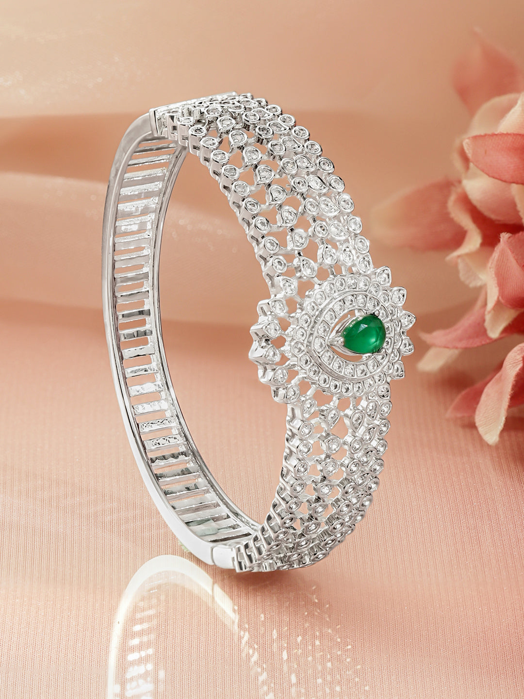 Rubans Women Brass Cubic Zirconia Rhodium-Plated Bangle-Style Bracelet フリーサイズ