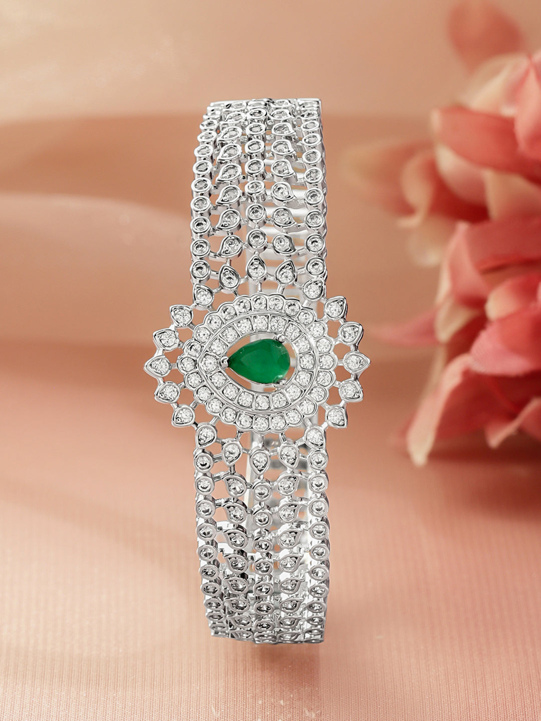 Rubans Women Brass Cubic Zirconia Rhodium-Plated Bangle-Style Bracelet フリーサイズ