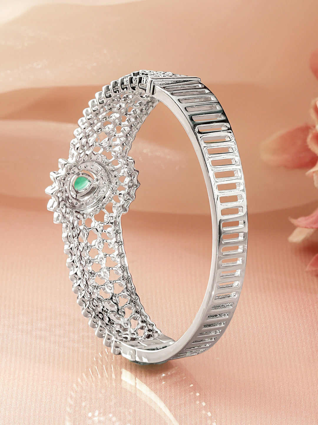 Rubans Women Brass Cubic Zirconia Rhodium-Plated Bangle-Style Bracelet フリーサイズ