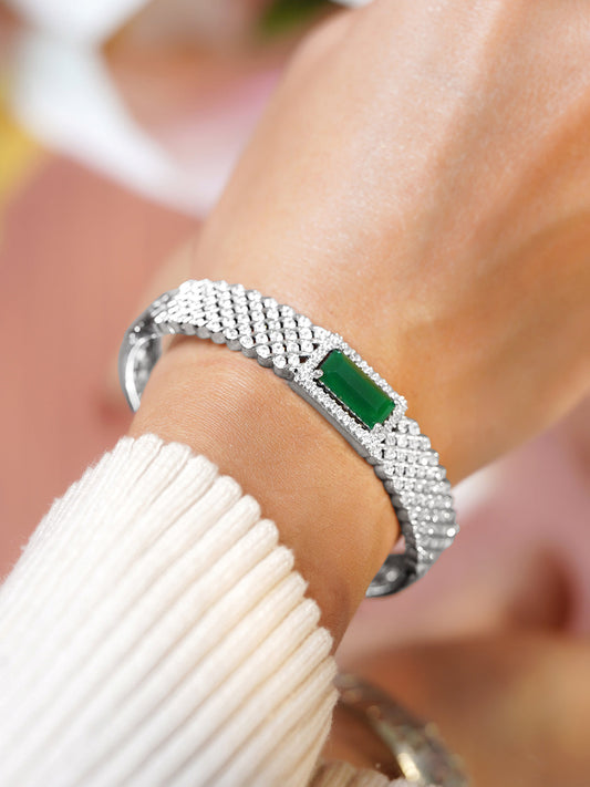 Rubans Women Brass Cubic Zirconia Handcrafted Rhodium-Plated Bangle-Style Bracelet フリーサイズ