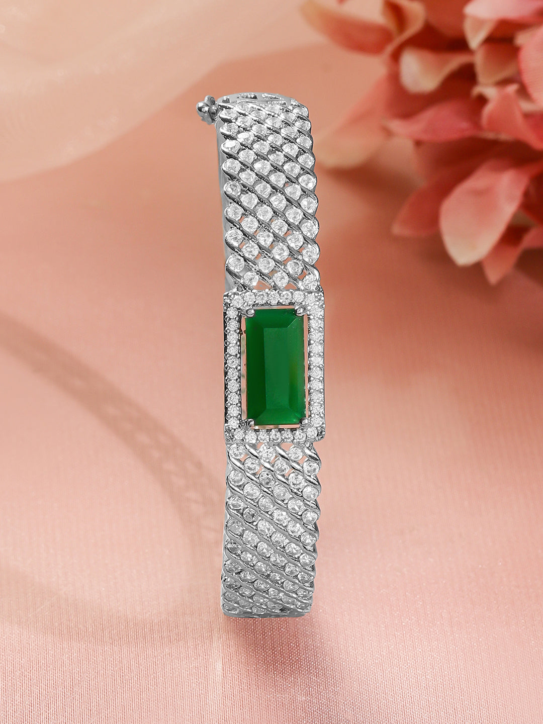Rubans Women Brass Cubic Zirconia Handcrafted Rhodium-Plated Bangle-Style Bracelet フリーサイズ