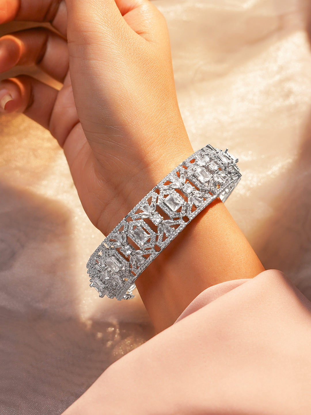 Rubans Rhodium Plated Brass Cubic Zirconia Studded Bracelet 2.6 - Medium