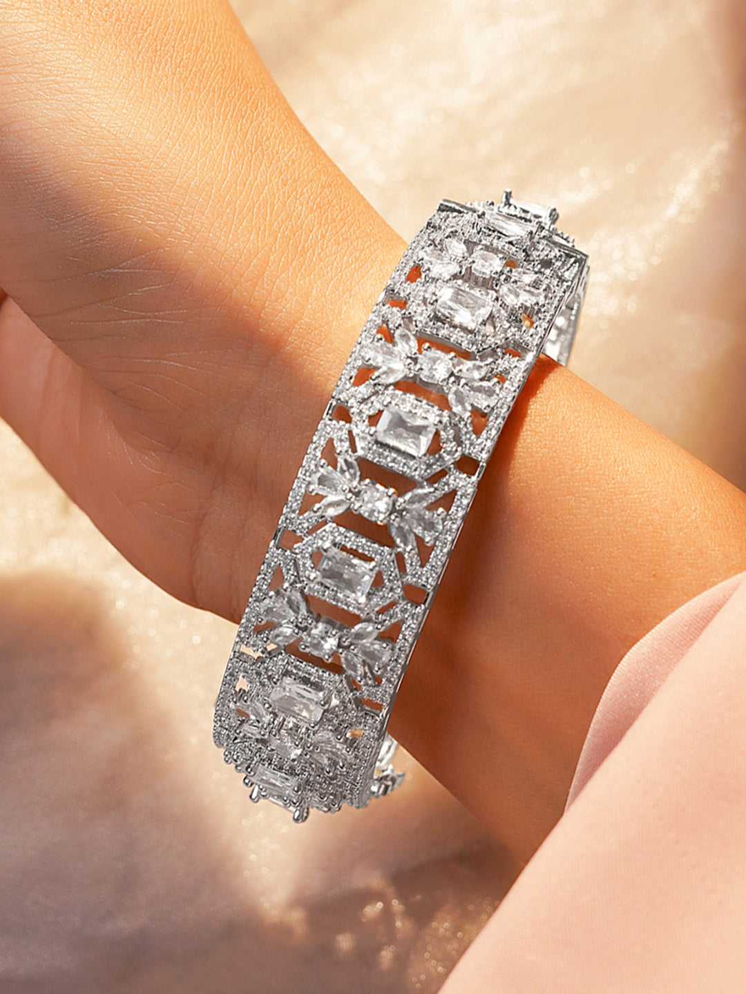 Rubans Rhodium Plated Brass Cubic Zirconia Studded Bracelet 2.8 - Large