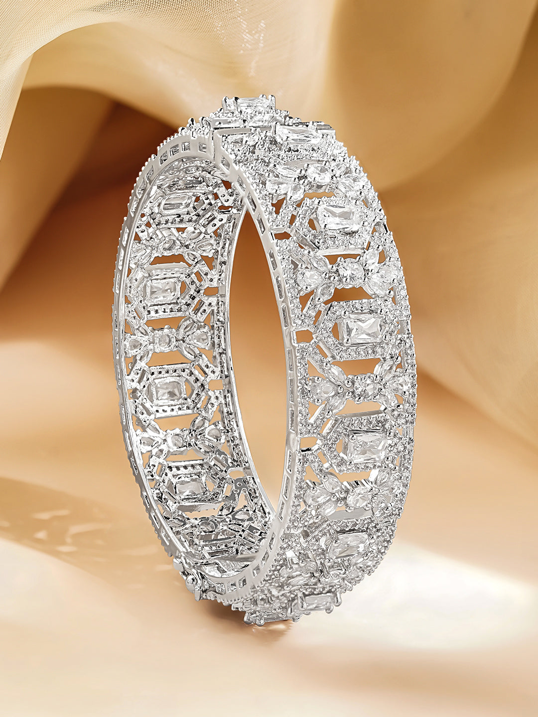 Rubans Rhodium Plated Brass Cubic Zirconia Studded Bracelet 2.8 - Large