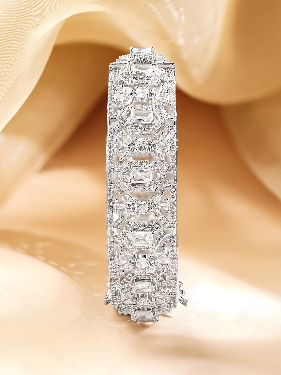 Rubans Rhodium Plated Brass Cubic Zirconia Studded Bracelet 2.6 - Medium