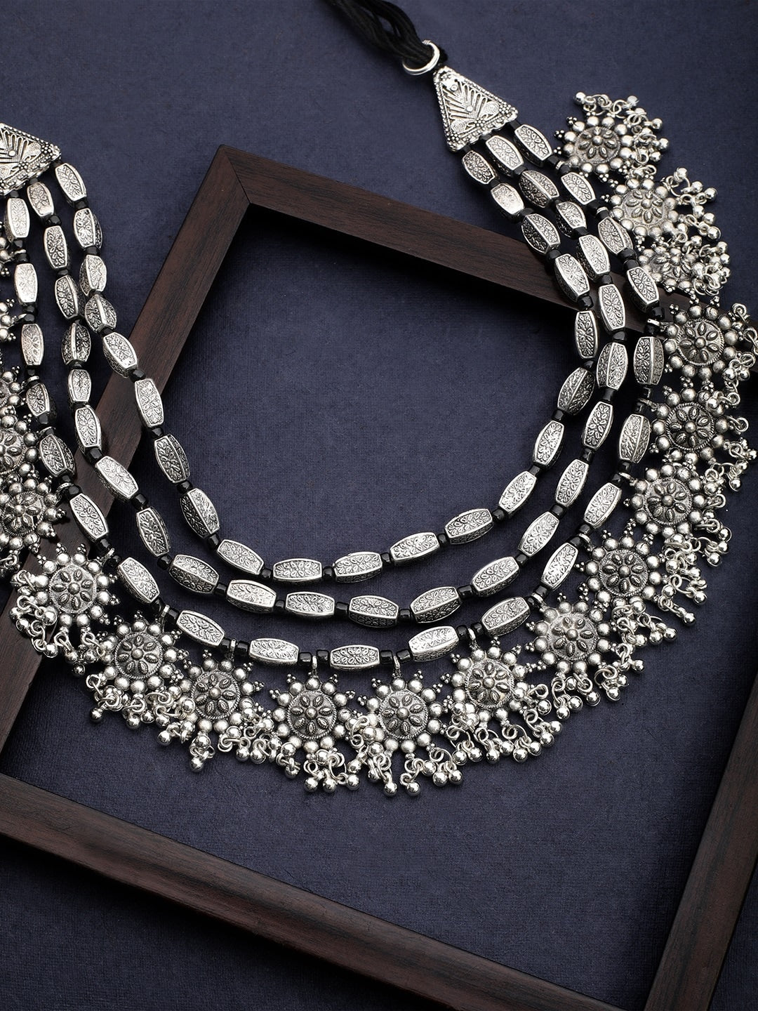 Rubans Oxidised Silver Toned Embellished With Multilayer Statement Necklace Silver