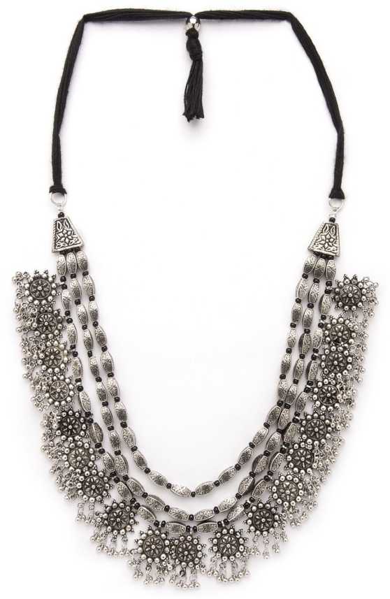 Rubans Oxidised Silver Toned Embellished With Multilayer Statement Necklace Silver