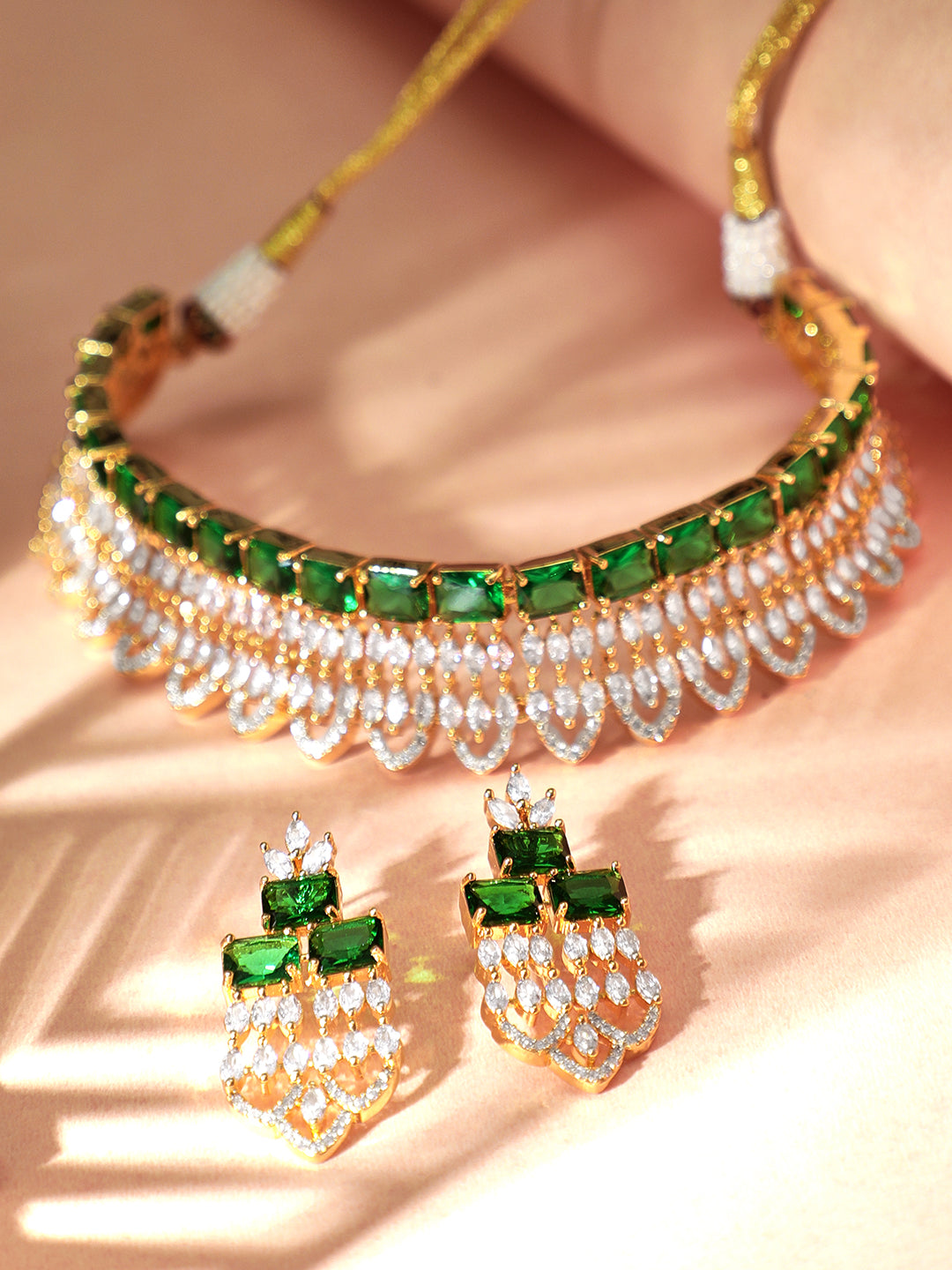 Rubans Gold Plated Green & White Stone Studded American Diamond Necklace Set. Gold