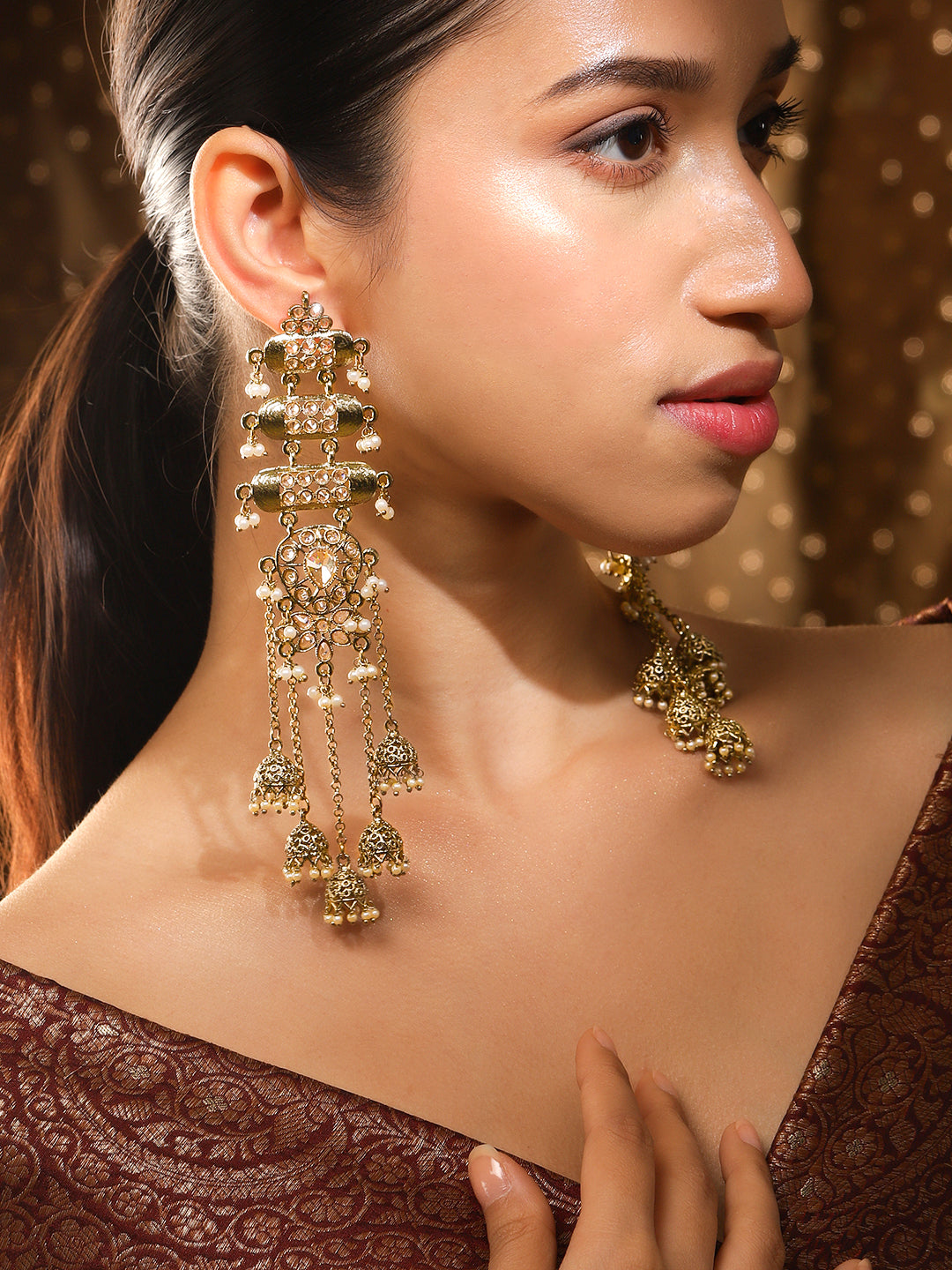 Rubans 18K Mehndi Gold-Plated Kundan Studded Layered Shoulder Duster Jhumka Earrings Gold