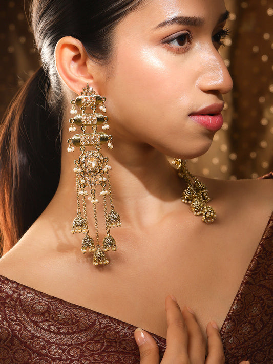 Rubans 18K Mehndi Gold-Plated Kundan Studded Layered Shoulder Duster Jhumka Earrings Gold
