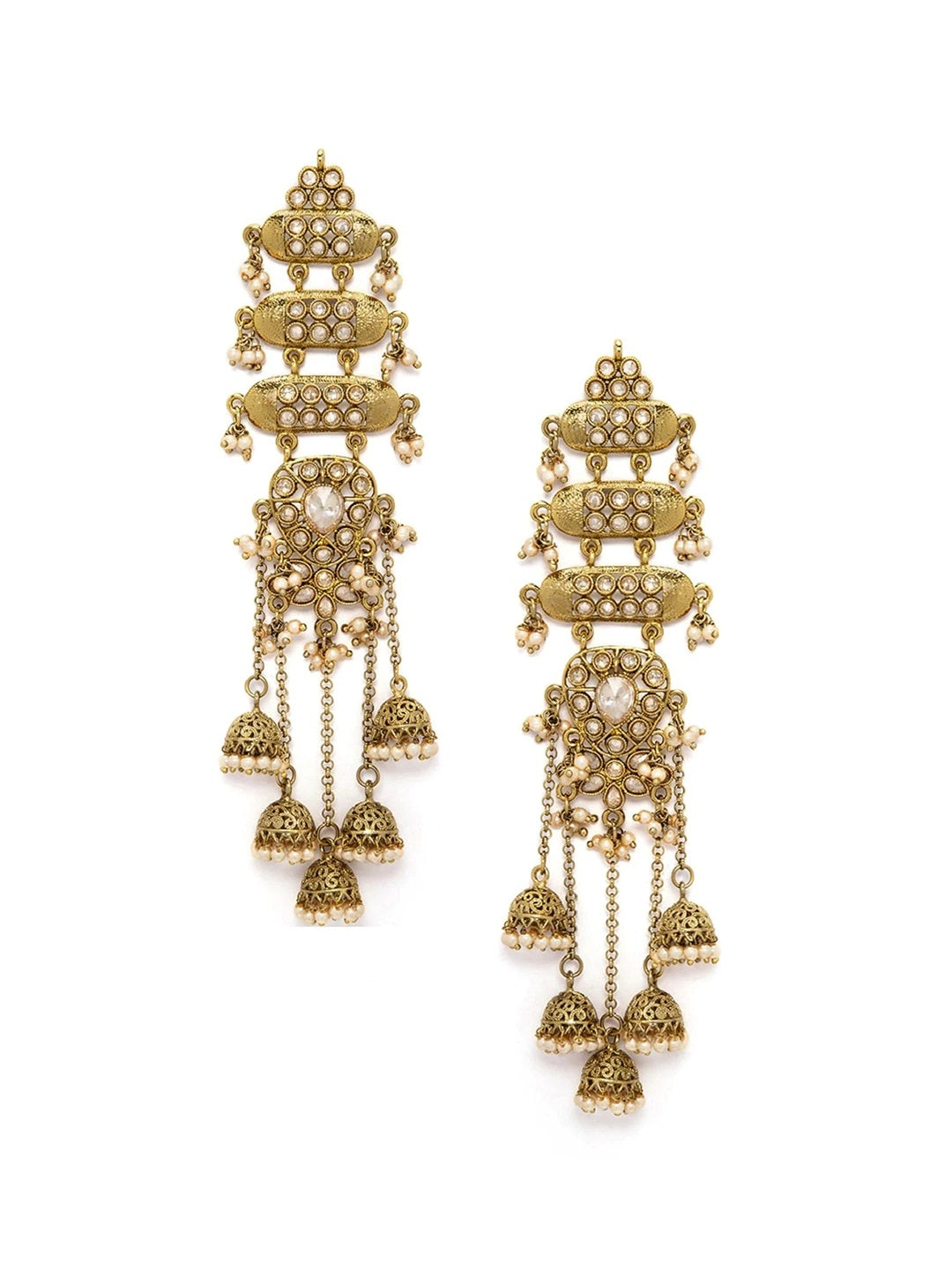 Rubans 18K Mehndi Gold-Plated Kundan Studded Layered Shoulder Duster Jhumka Earrings Gold
