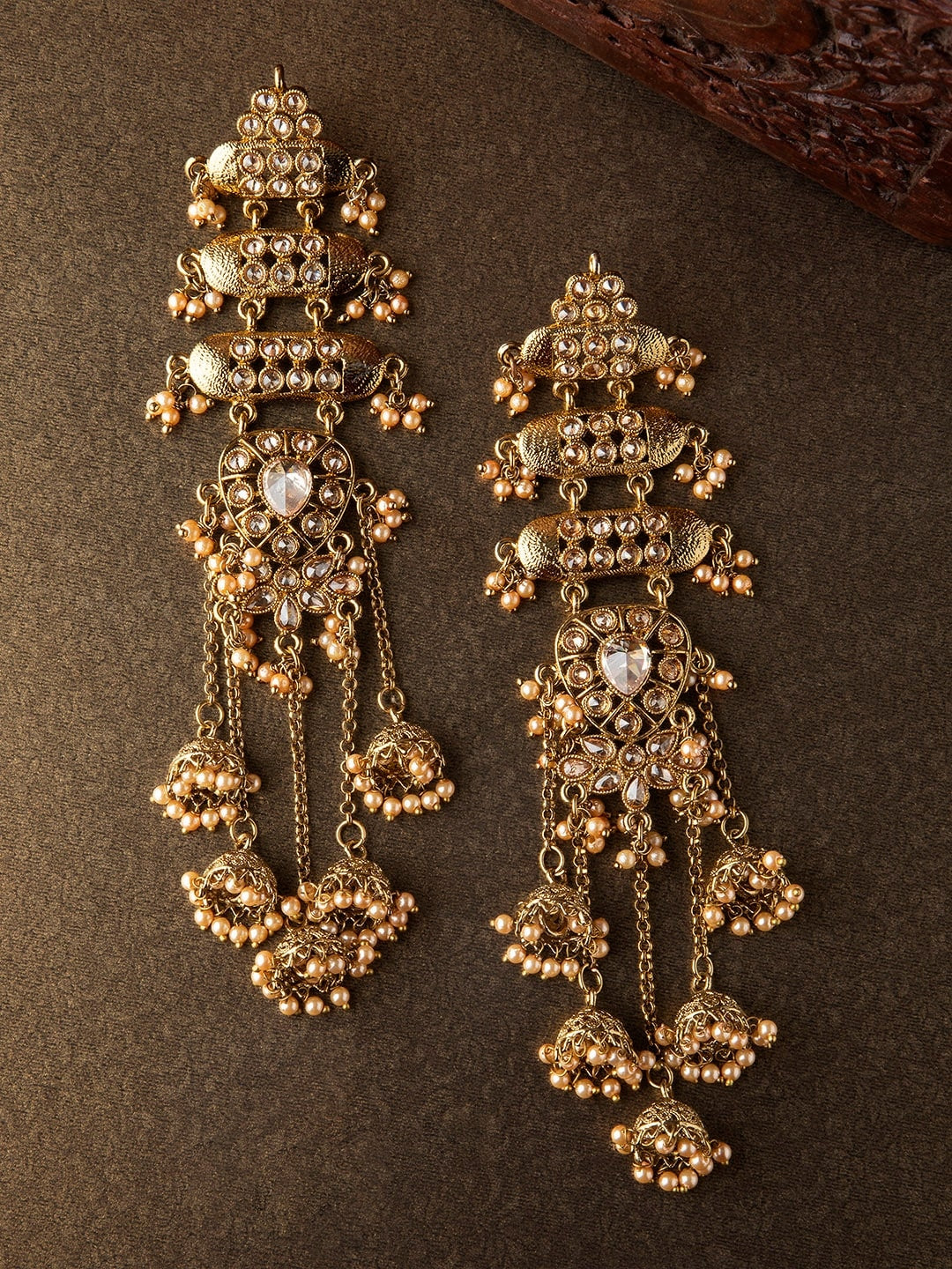 Rubans 18K Mehndi Gold-Plated Kundan Studded Layered Shoulder Duster Jhumka Earrings Gold