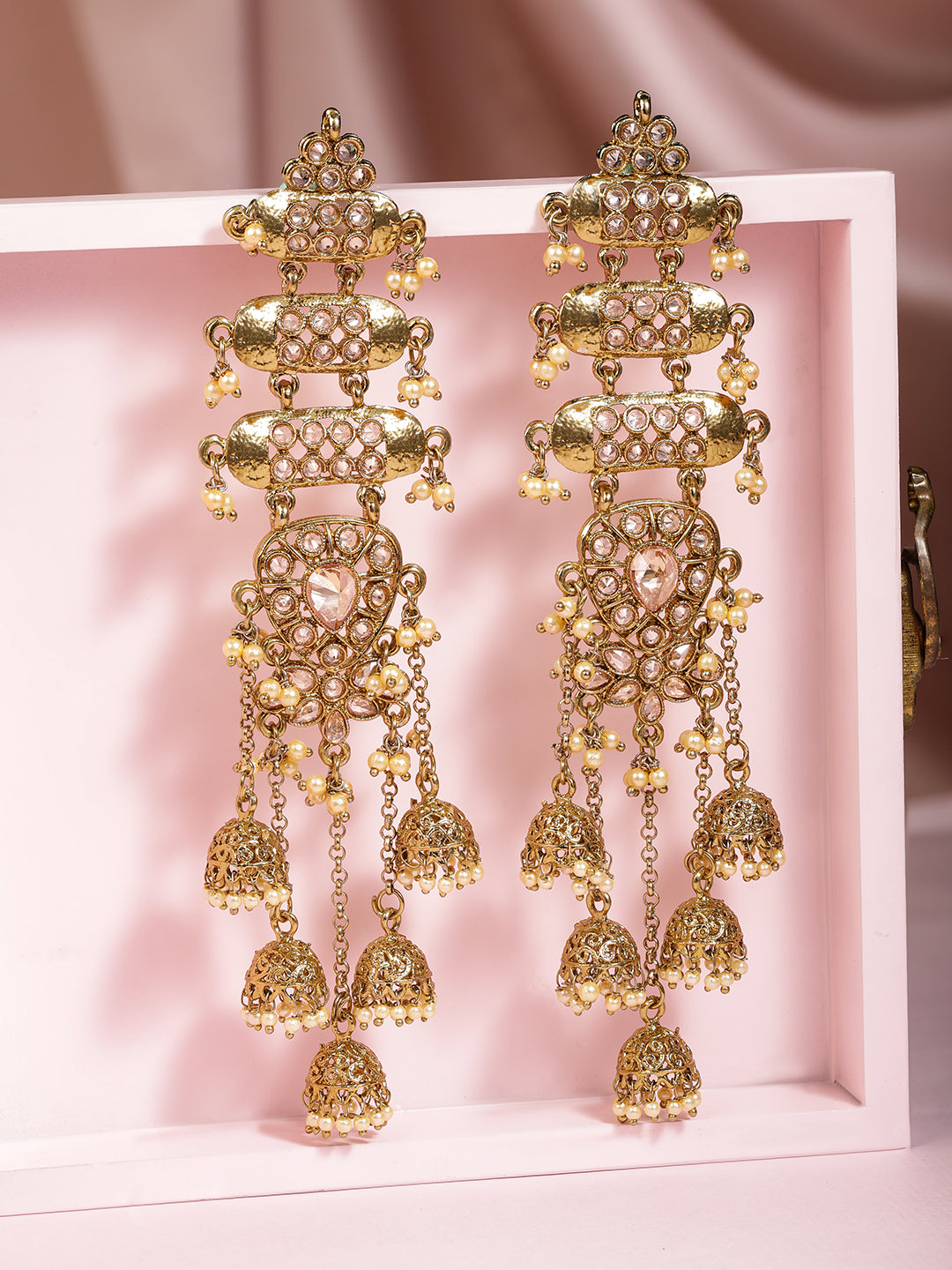 Rubans 18K Mehndi Gold-Plated Kundan Studded Layered Shoulder Duster Jhumka Earrings Gold