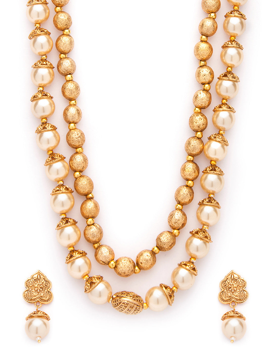 Rubans Traditional Handmade Pearl And Antique Gold Beads Strand Multilayer Necklace Set Gold