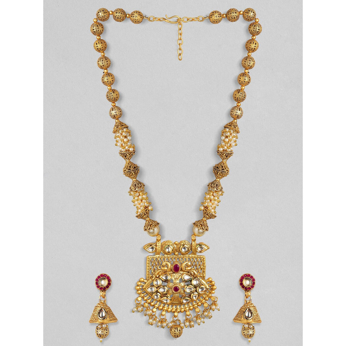 【Rubans】 24K Gold Plated Handcrafted White Kundan & Antique Gold Filigree Beads Necklace Set｜24Kゴールドメッキ ホワイトクンダン＆アンティークゴールド フィリグリービーズ ネックレスセット