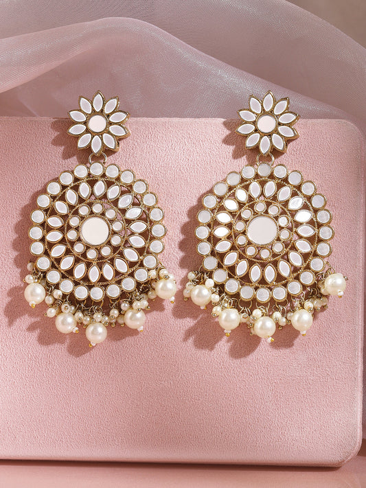 Rubans Mirror Chanbali Earrings with Pearls Gold