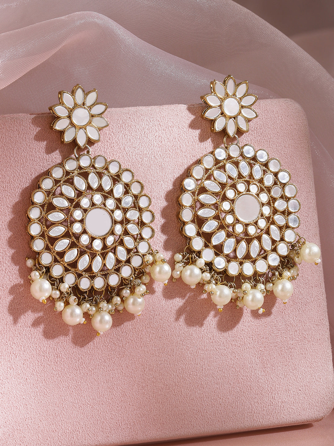 Rubans Mirror Chanbali Earrings with Pearls Gold