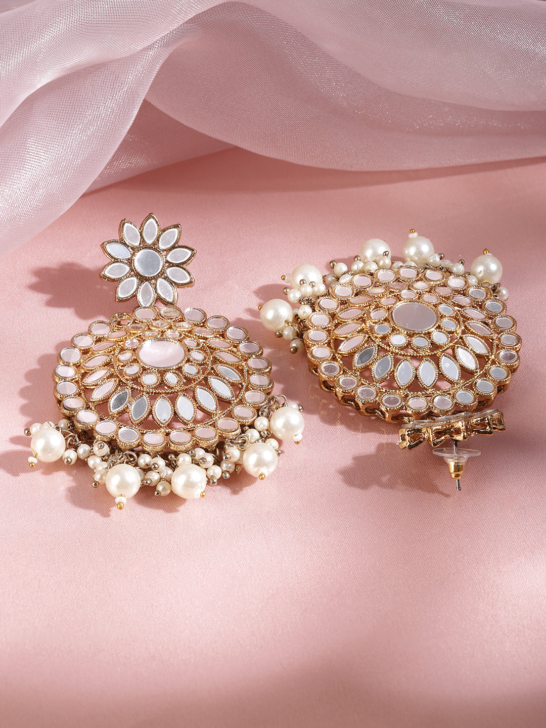Rubans Mirror Chanbali Earrings with Pearls Gold