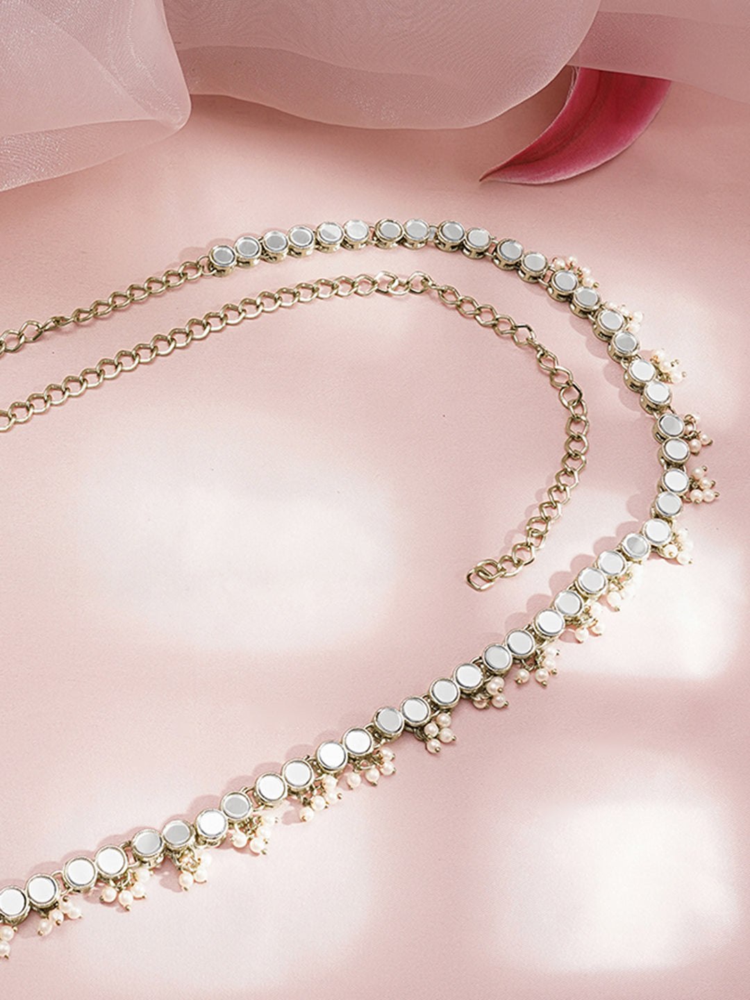 Mirror & Pearl Embellished Gold Toned Kamarbandh フリーサイズ