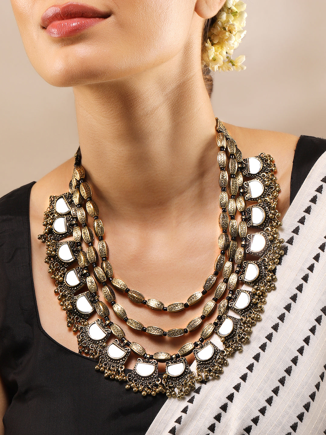 Rubans Dual Tone in Silver and Gold, Mirror Detailing with Gold Beads Multilayer Necklace Gold