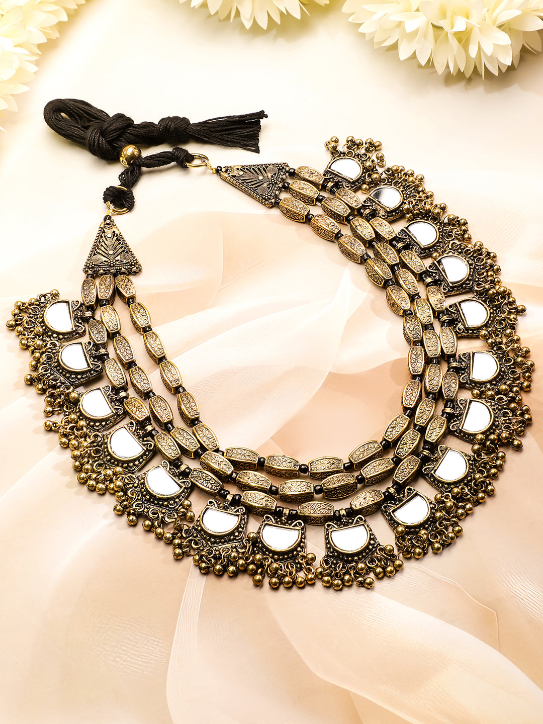 Rubans Dual Tone in Silver and Gold, Mirror Detailing with Gold Beads Multilayer Necklace Gold