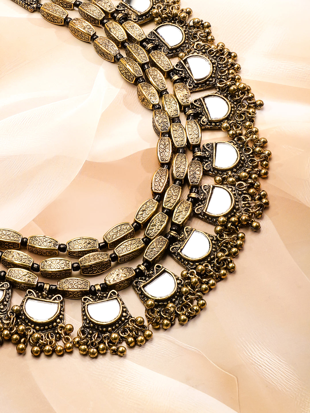 Rubans Dual Tone in Silver and Gold, Mirror Detailing with Gold Beads Multilayer Necklace Gold