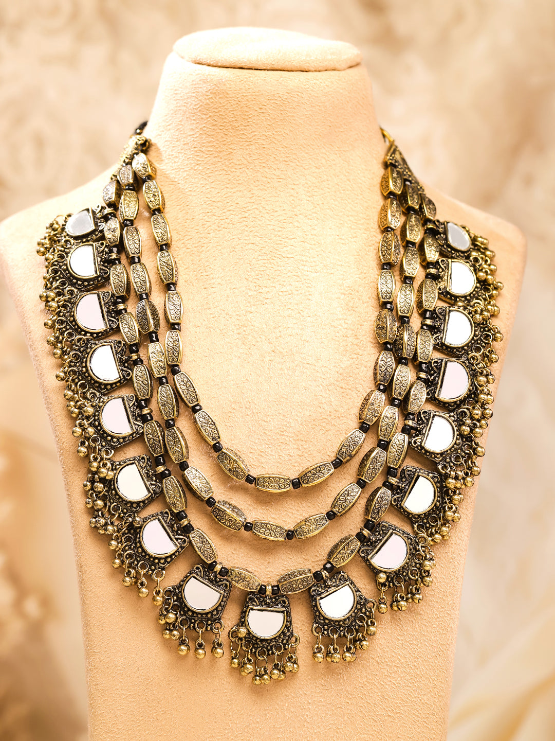 Rubans Dual Tone in Silver and Gold, Mirror Detailing with Gold Beads Multilayer Necklace Gold