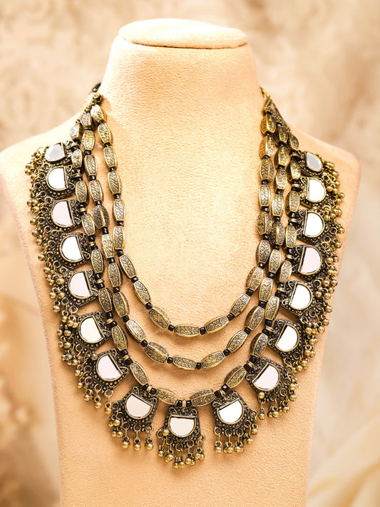 Rubans Dual Tone in Silver and Gold, Mirror Detailing with Gold Beads Multilayer Necklace Gold