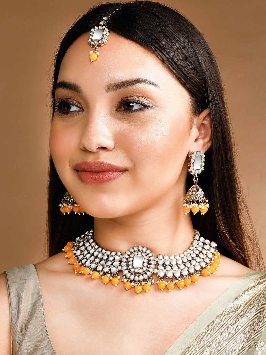 Rubans Gold Plated Mirror Studded Yellow Beads Necklace Set. Gold