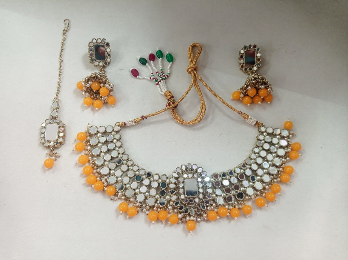 Rubans Gold Plated Mirror Studded Yellow Beads Necklace Set. Gold