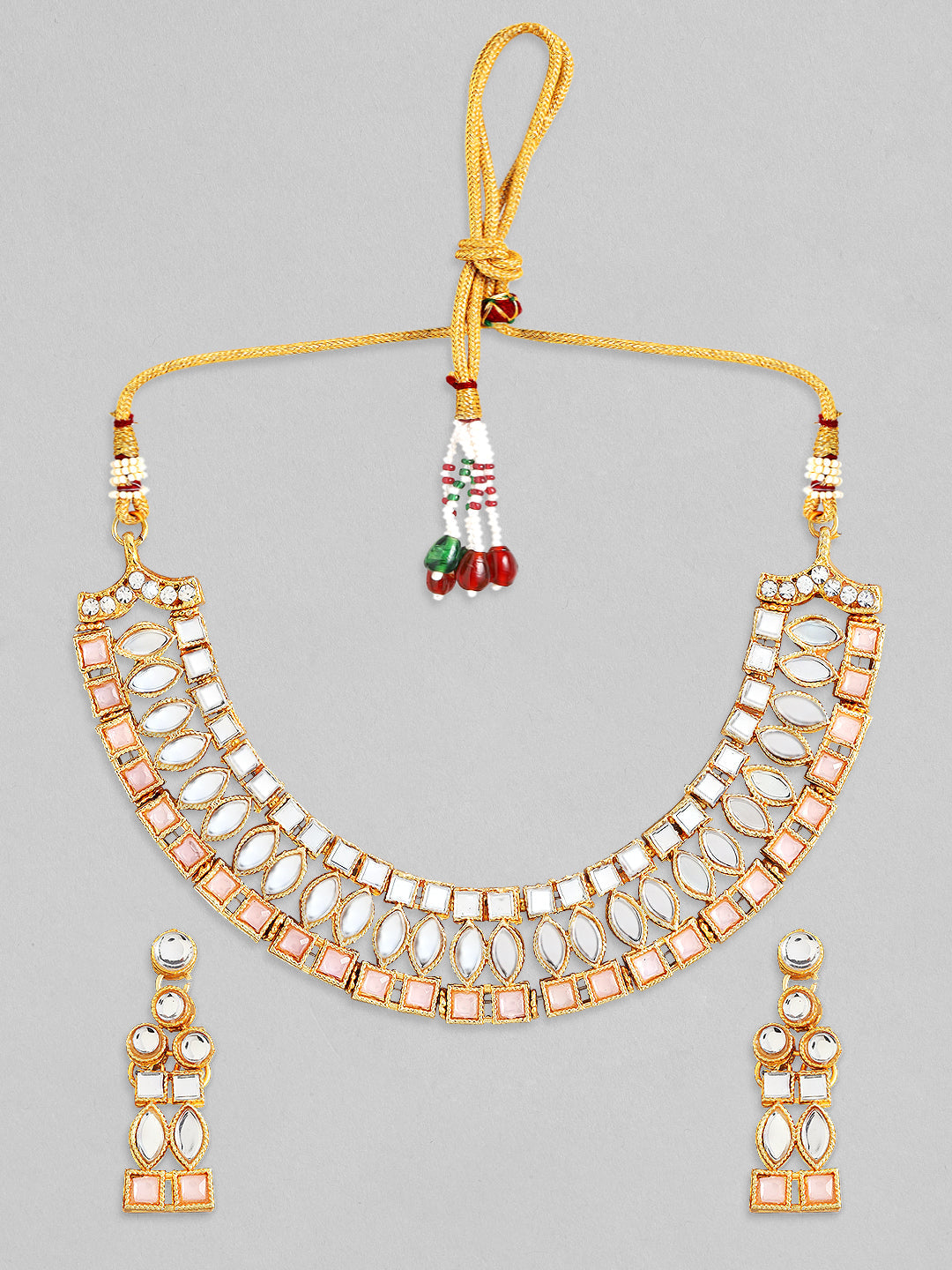 Rubans Gold Plated Necklace Set With Studded Mirror Design And Pink Stones Gold