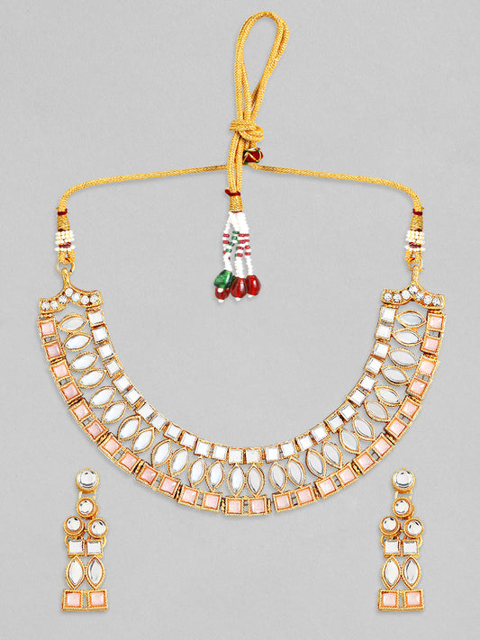 Rubans Gold Plated Necklace Set With Studded Mirror Design And Pink Stones Gold