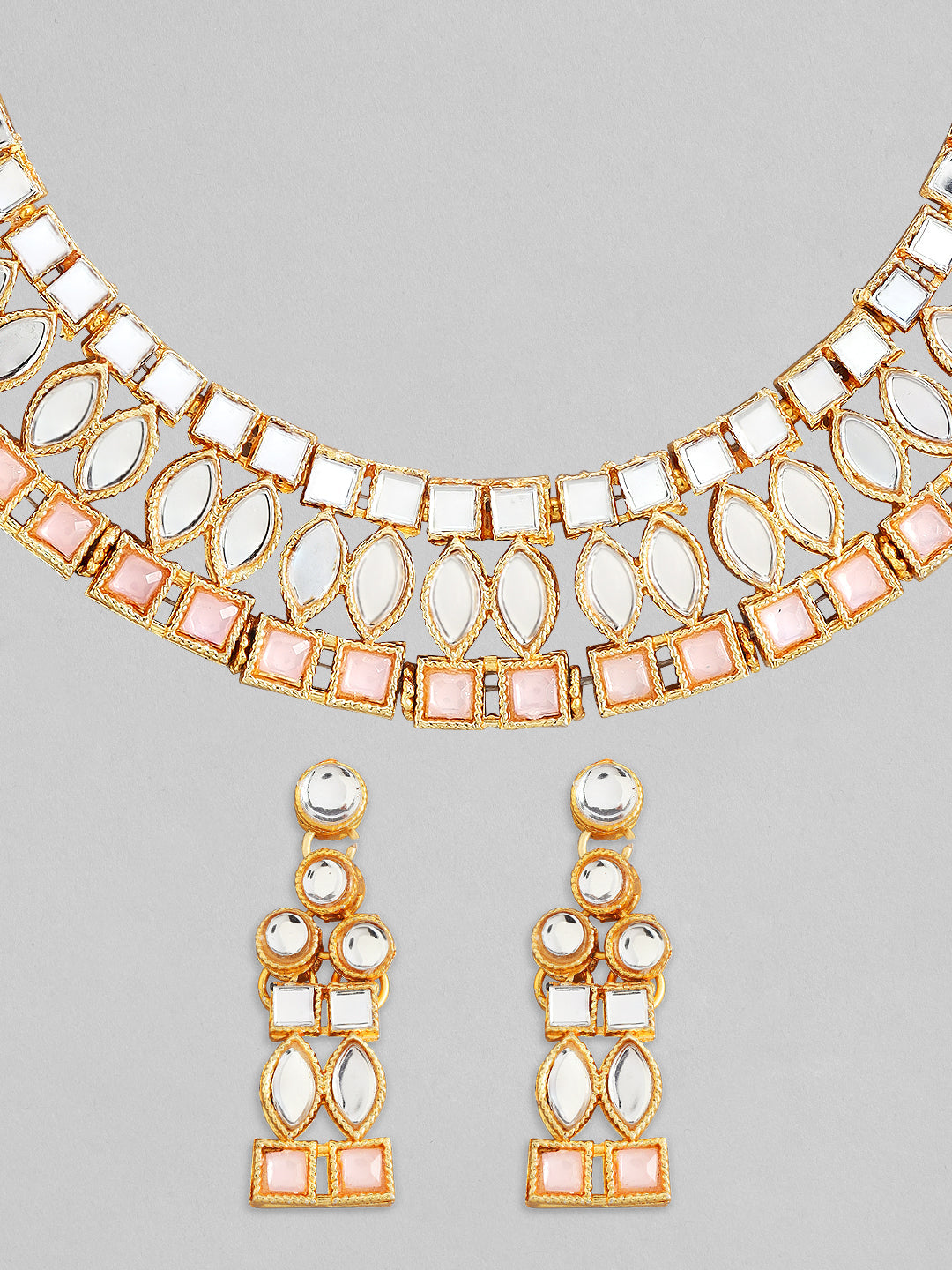 Rubans Gold Plated Necklace Set With Studded Mirror Design And Pink Stones Gold