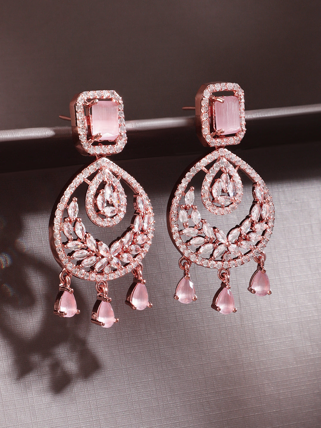 Rubans 18K Gold-Plated Pastel Pink AD & Cubic Zirconia Studded Chandelier Earrings Rose Gold