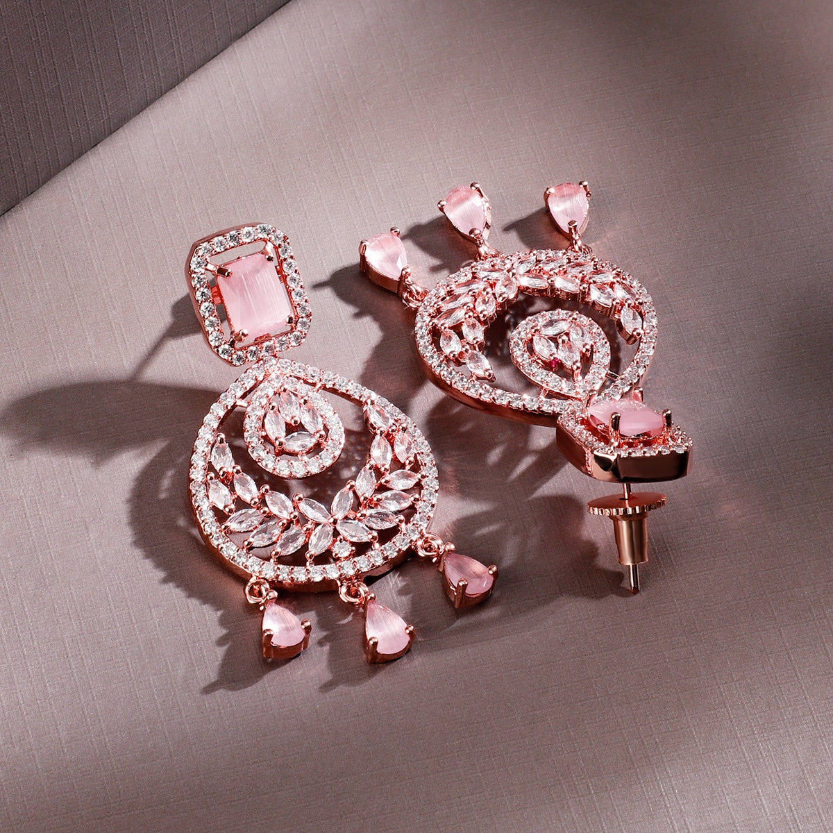 Rubans 18K Gold-Plated Pastel Pink AD & Cubic Zirconia Studded Chandelier Earrings Rose Gold