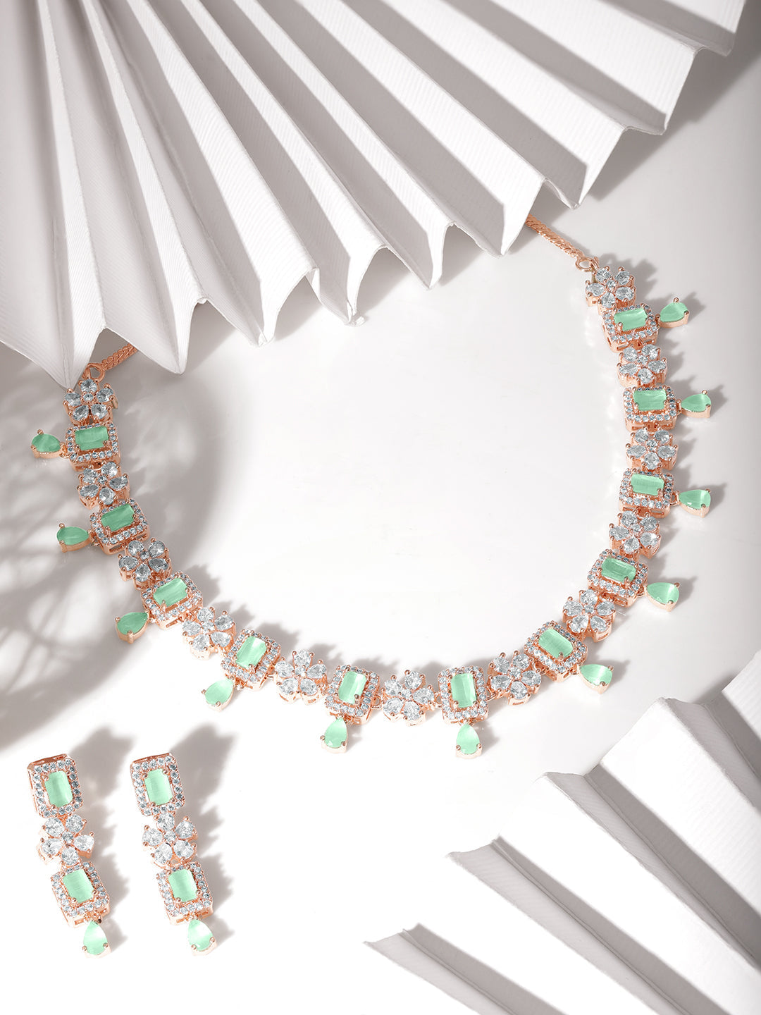 Rubans 22K Rose Gold Plated Mint Green Sapphire & Cubic Zirconia Studded Jewelry Set Design Rose Gold
