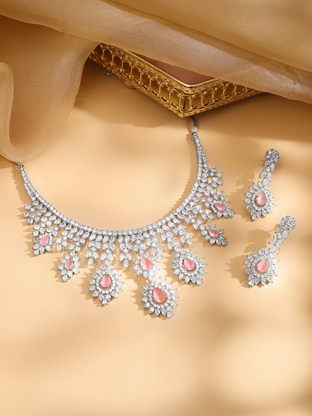 Rubans Silver Plated Pink Gemstone & AAA Cubic Zirconia Studded Floral Design Jewellery Set Silver
