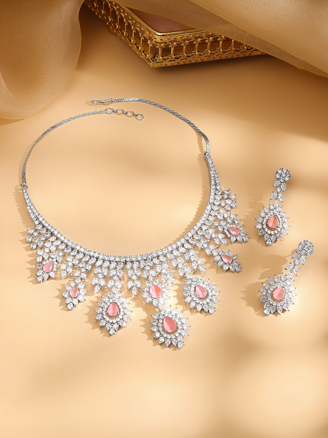 Rubans Silver Plated Pink Gemstone & AAA Cubic Zirconia Studded Floral Design Jewellery Set Silver