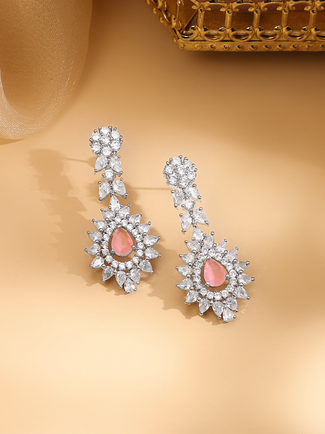 Rubans Silver Plated Pink Gemstone & AAA Cubic Zirconia Studded Floral Design Jewellery Set Silver
