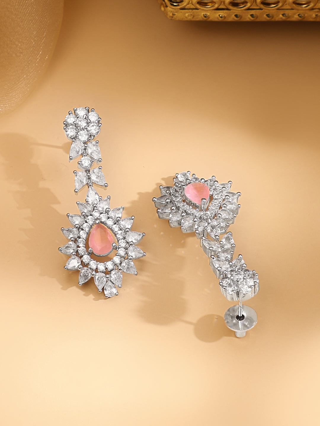 Rubans Silver Plated Pink Gemstone & AAA Cubic Zirconia Studded Floral Design Jewellery Set Silver